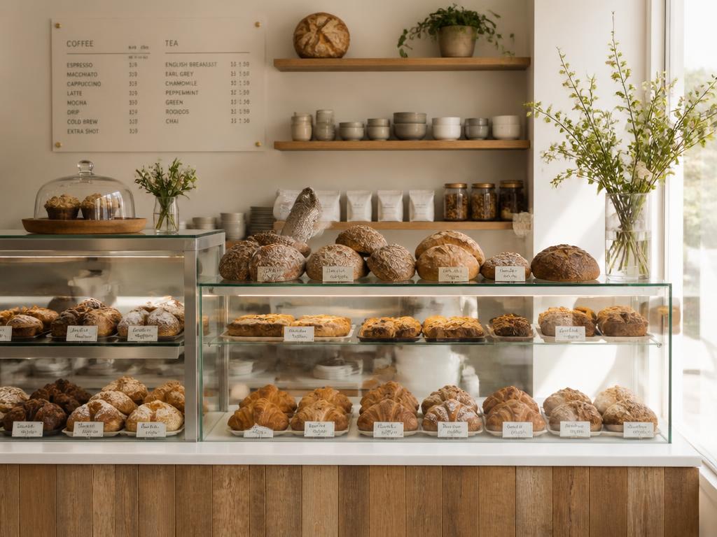 Fresh bread and pastries in a bright bakery display case