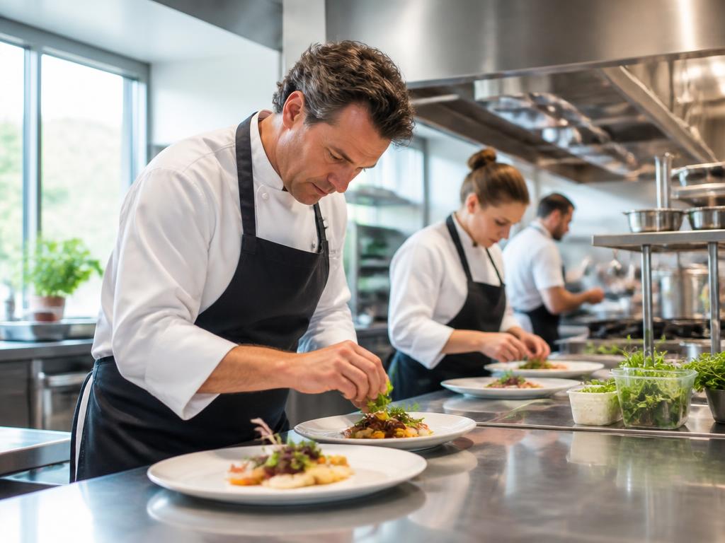 Chefs plating dishes in a clean professional kitchen